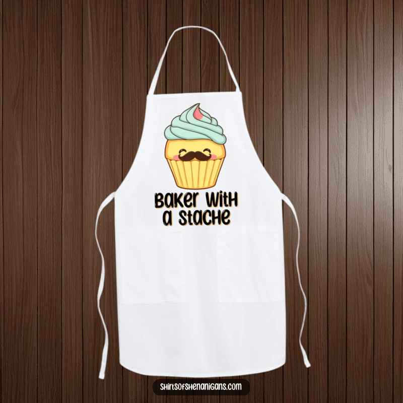 Funny apron with a cupcake frosting its own mustache, perfect for baking or cooking with a playful attitude.