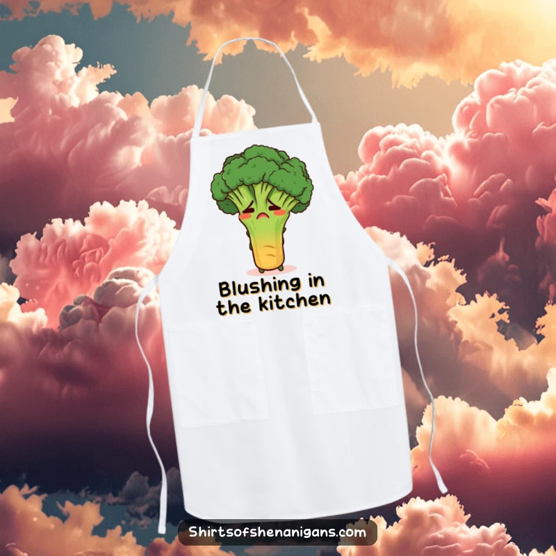 Funny embarrassed broccoli hiding behind a carrot on a kitchen apron, great for humorous baking and cooking sessions.