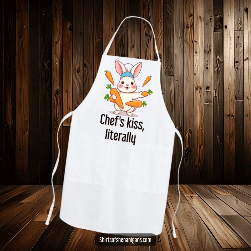 Funny apron with a rabbit wearing a chef hat, comically juggling large carrots, ideal for adding humor to cooking sessions.