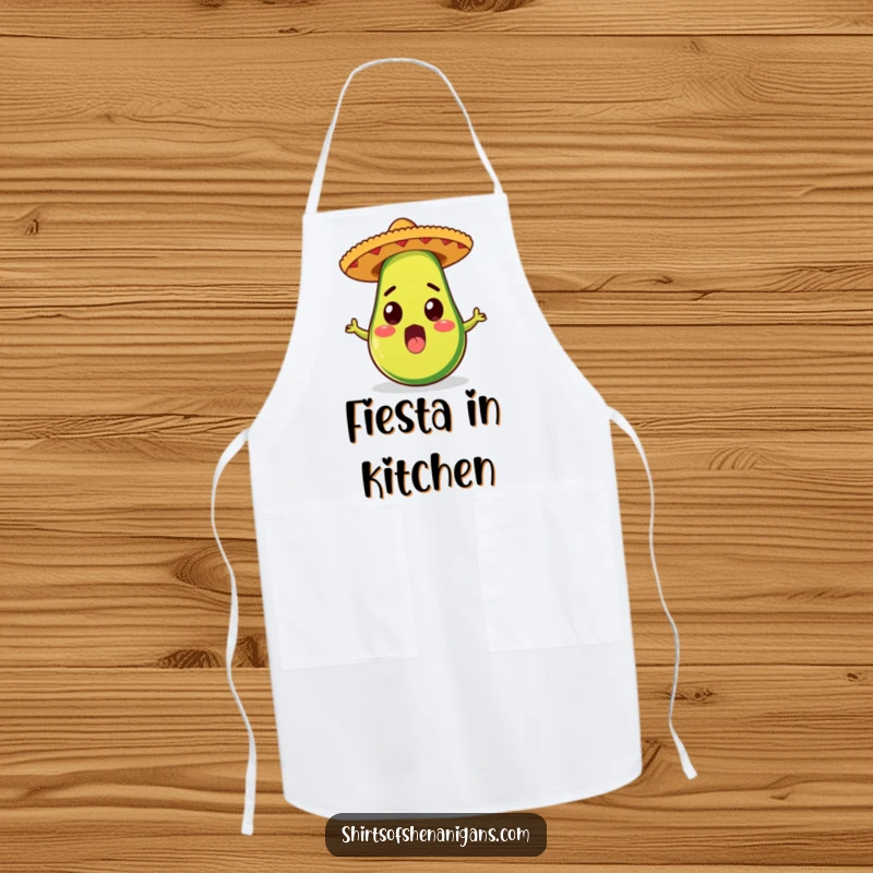 Funny apron featuring a surprised avocado in a sombrero, ideal for foodies and a practical, funny gift.