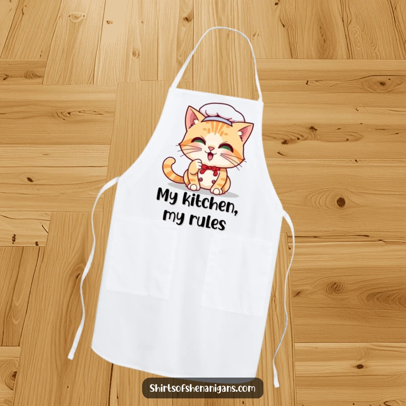 Funny Cat Chef Apron: Playful cat batting its whisker, wearing a chef hat and apron, protecting clothes.