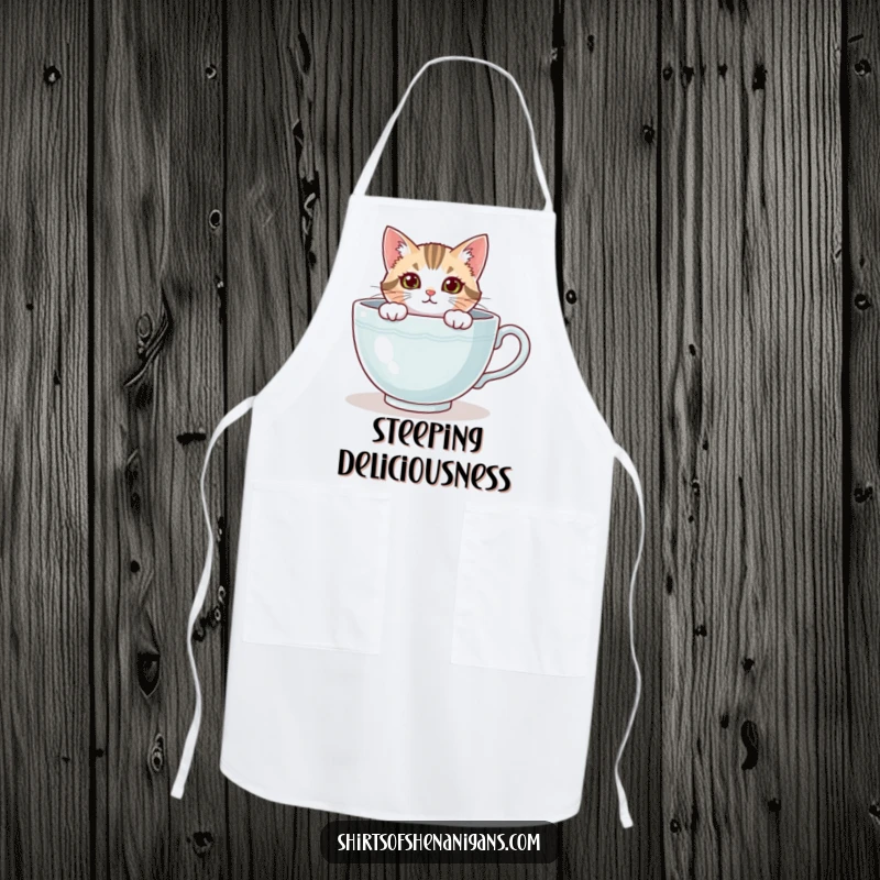 Funny cat apron, a curious feline peeking from a giant teacup, ready for kitchen fun. A fun funny gift.