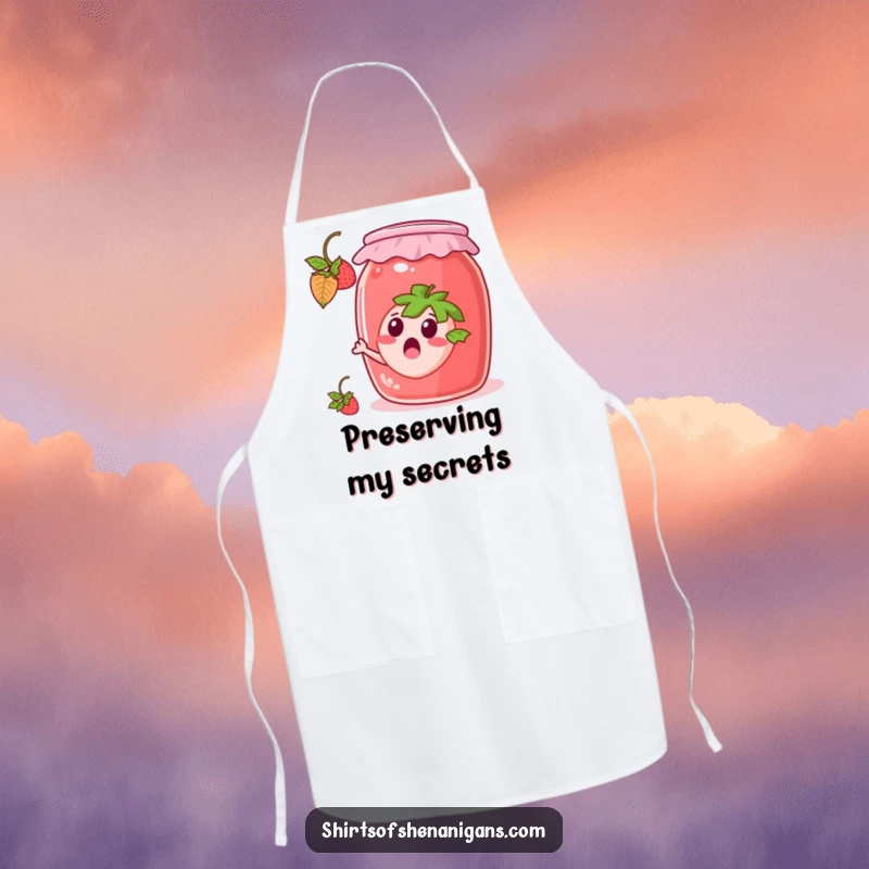 Funny Apron: Surprised strawberry escaping a jam jar, a humorous and practical kitchen accessory.