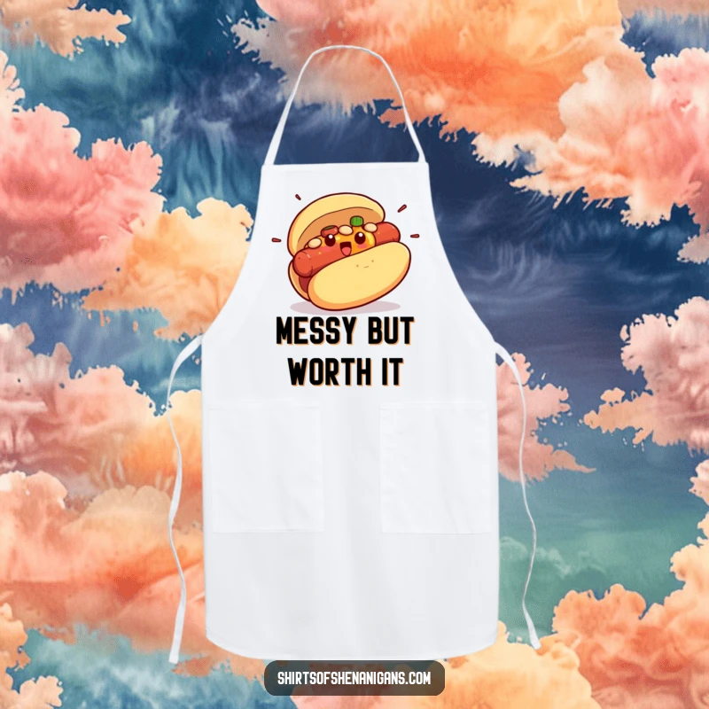 Funny apron with a surprised hot dog bun character exploding its condiment filling, perfect for a humorous cook.