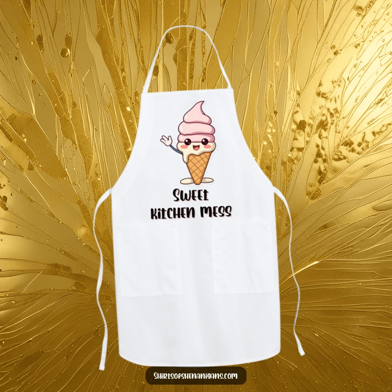 Funny ice cream cone apron showing a cheerful character slightly melting while waving excitedly, perfect for kitchen fun and baking.