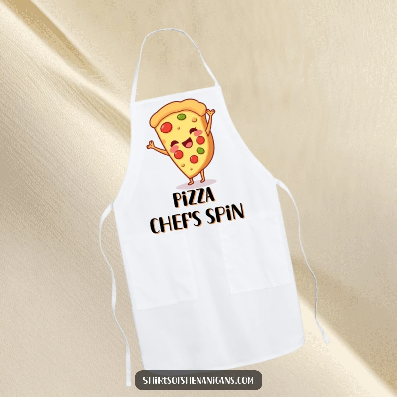 Funny apron featuring a smiling pizza slice doing a cartwheel, ideal for foodies and a practical, funny gift.