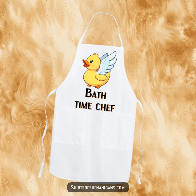 Funny rubber duck with its little wings flapping hard, trying to fly, on a practical kitchen apron.
