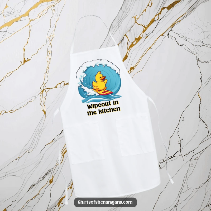 Funny apron, a determined rubber duck surfing a colossal ocean wave while cooking, bringing kitchen humor.
