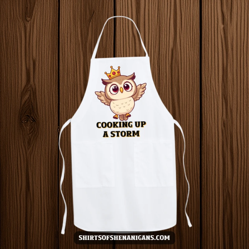 Funny apron showing a surprised owl wearing a crown, comically attempting to fly, ideal for kitchen adventures and humorous cooking.