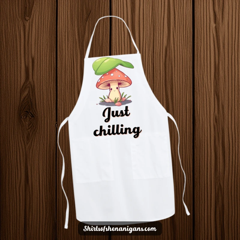 Funny shy mushroom peeking from under a leaf on a kitchen apron, adding humorous charm to cooking and baking.