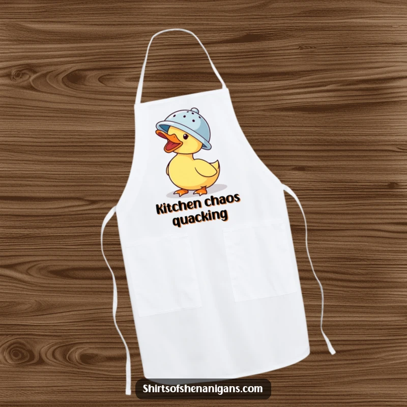 Funny apron: A quacking duck wearing a colander hat, adding humor to cooking and baking tasks.