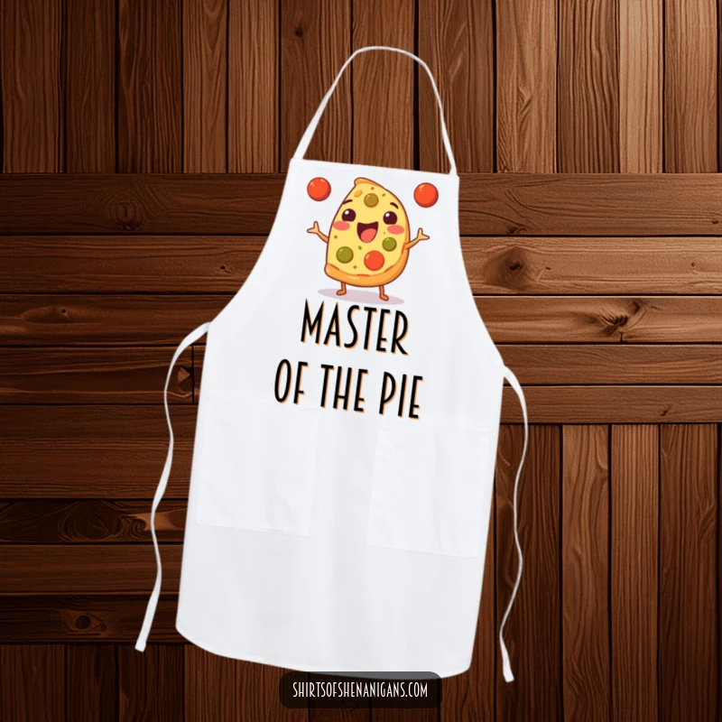 Funny Apron: Happy pizza slice juggling meatballs, a humorous and practical kitchen accessory.
