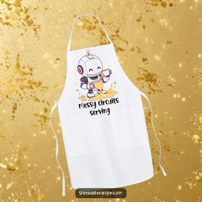 Funny robot apron depicting a clumsy robot spilling tea with a shy smile, perfect for adding humor to cooking and baking.
