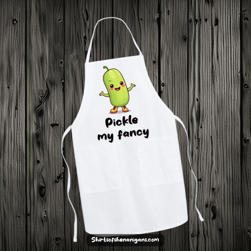 Funny Pickle Apron: A dancing pickle wearing tiny boots, ready for kitchen duties with a fun, rhythmic spirit.