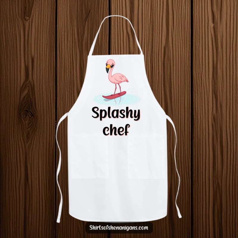 Funny startled flamingo apron, cross-eyed while water skiing on a puddle, for humorous kitchen protection.