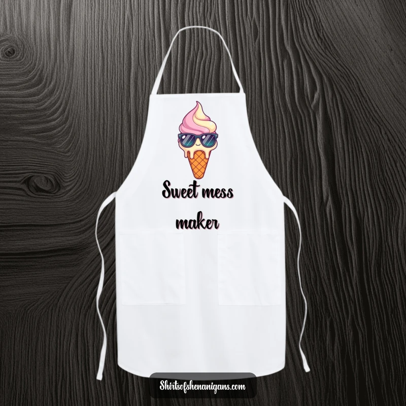 Funny apron featuring a melting ice cream cone wearing sunglasses, looking relaxed and cool.