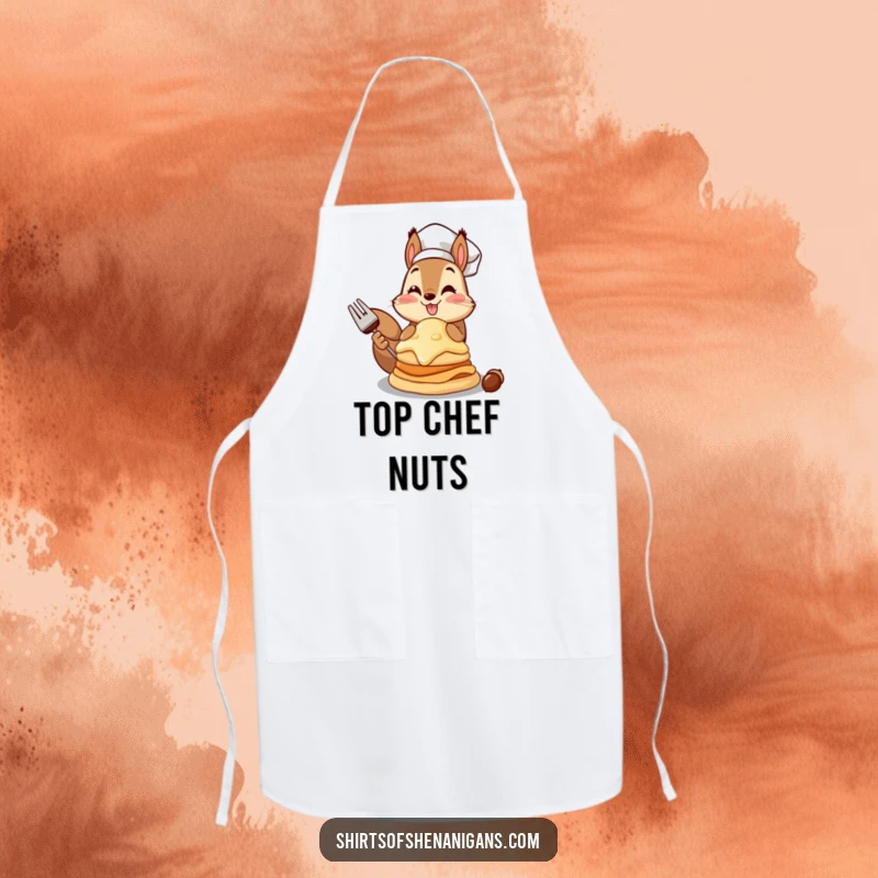 Funny squirrel chef apron showcasing a proud squirrel presenting a giant acorn pancake, for the kitchen.