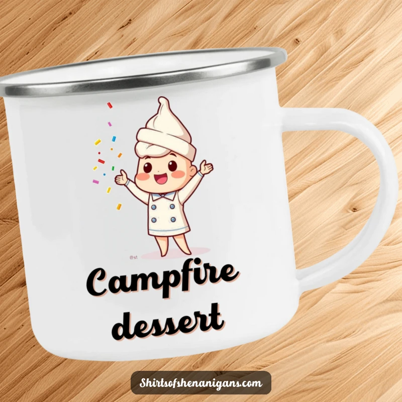 Funny ice cream cone chef camping mug showing a happy character juggling sprinkles, ready for outdoor enjoyment.