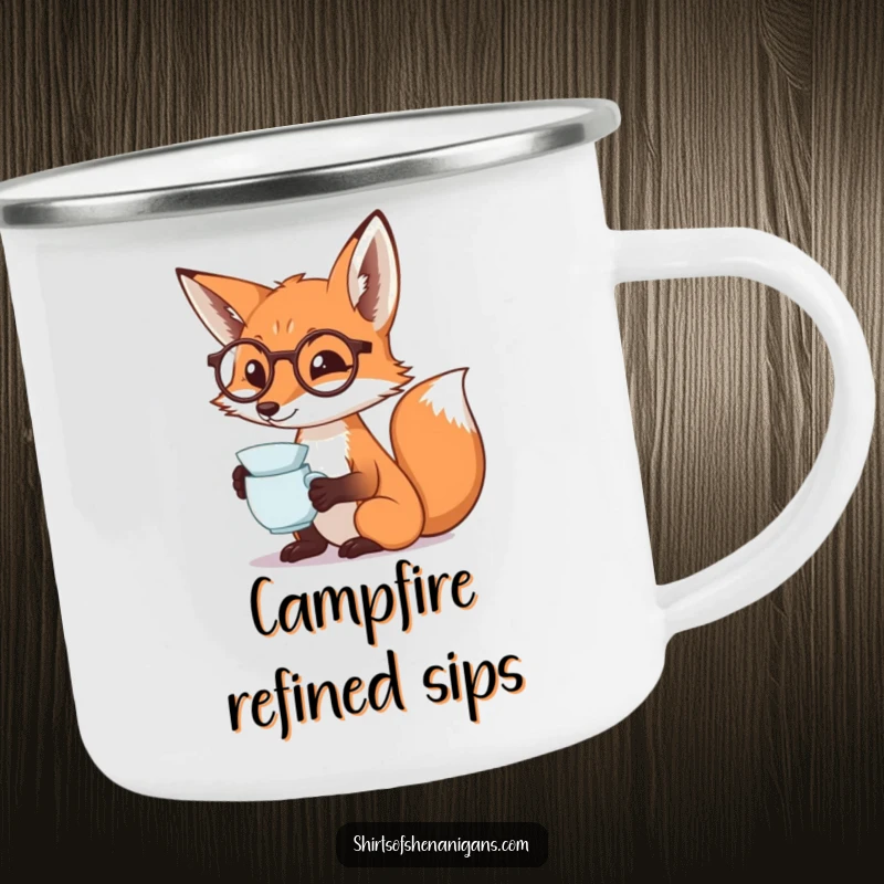 Funny fox camping mug featuring a monocled fox dramatically sipping tea, perfect for sophisticated outdoor humor.