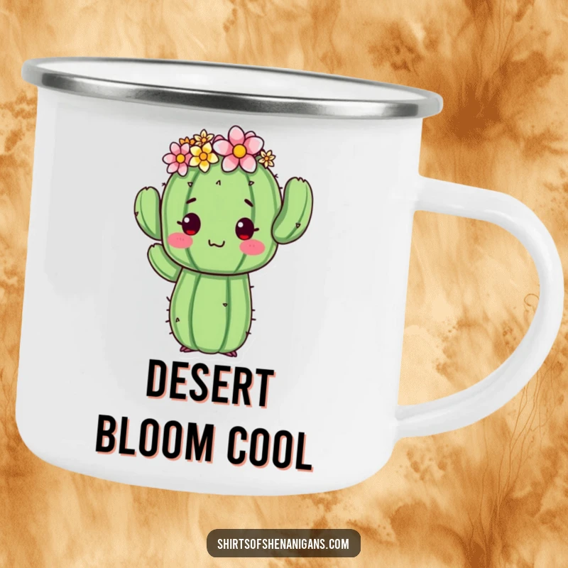 Funny cactus camping mug showing a proud cactus with a flower crown, posing awkwardly, designed for outdoor adventures and humor.