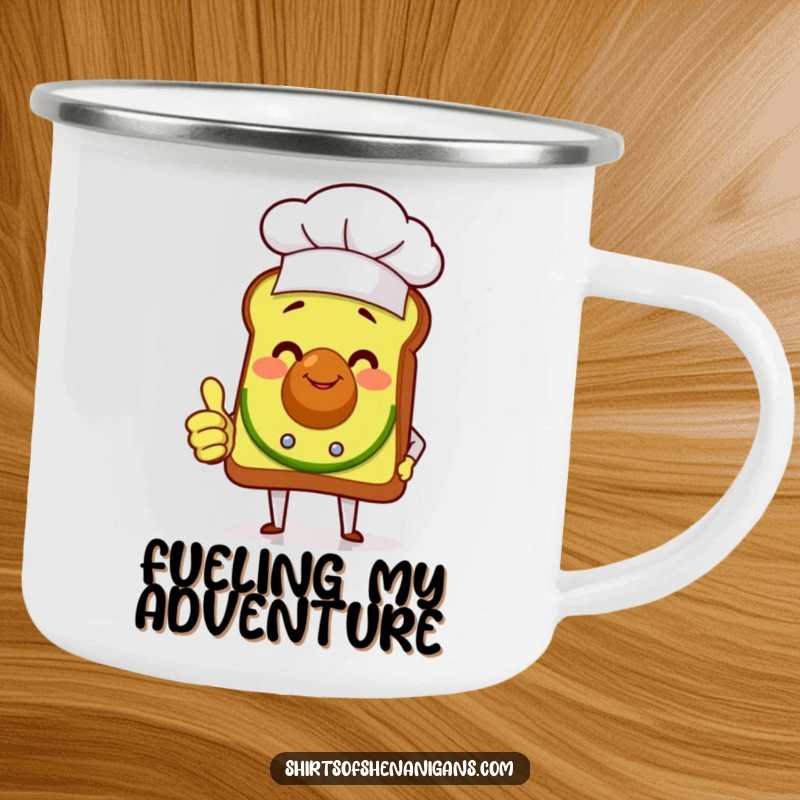 Funny avocado toast chef giving a thumbs up, printed on a durable camping mug, perfect for enjoying drinks outdoors with humor.