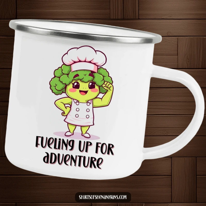 Funny Broccoli Chef Camping Mug: Proud broccoli flexing muscle, perfect for outdoor hydration with strength.