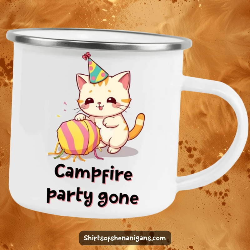 Funny camping mug with a cat wearing a party hat accidentally knocking over a piñata.