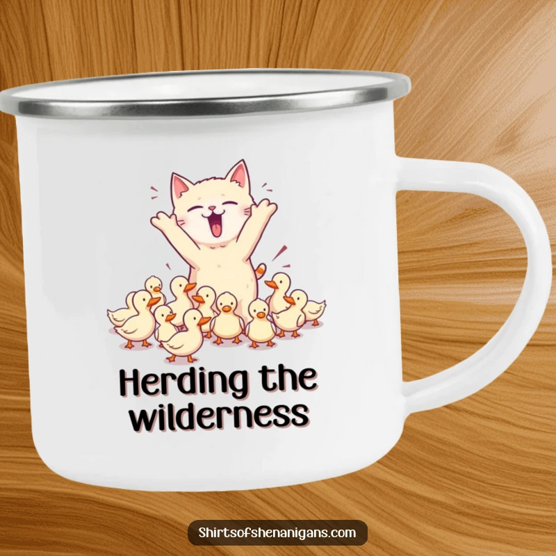 Funny camping mug with a chaotic cat herding ducks, bringing pet owner humor to the outdoors, a great funny gift.