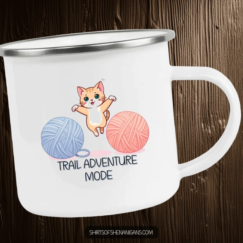 Funny cat camping mug, mid-leap between yarn balls, ready for outdoor fun. A rugged funny gift.