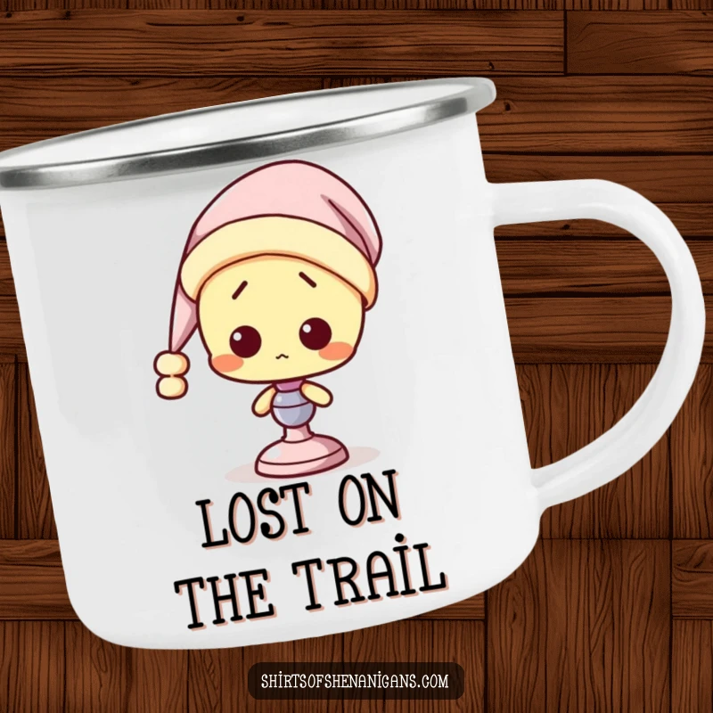 Funny Lamp Camping Mug: A confused lamp wearing a nightcap, embodying sleepy vibes for outdoor relaxation.