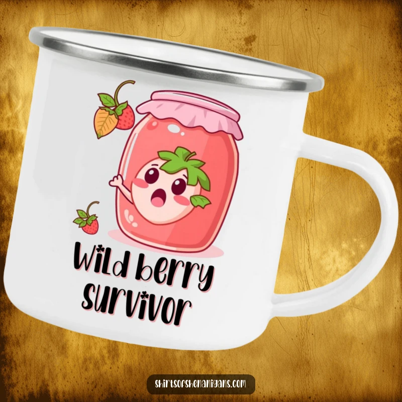 Funny Camping Mug: Surprised strawberry escaping a jam jar, a durable and humorous outdoor cup.