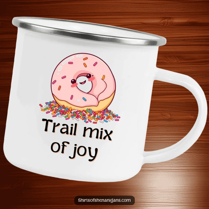 Funny Camping Mug: Plump donut giggling into sprinkles, a durable and humorous outdoor cup.