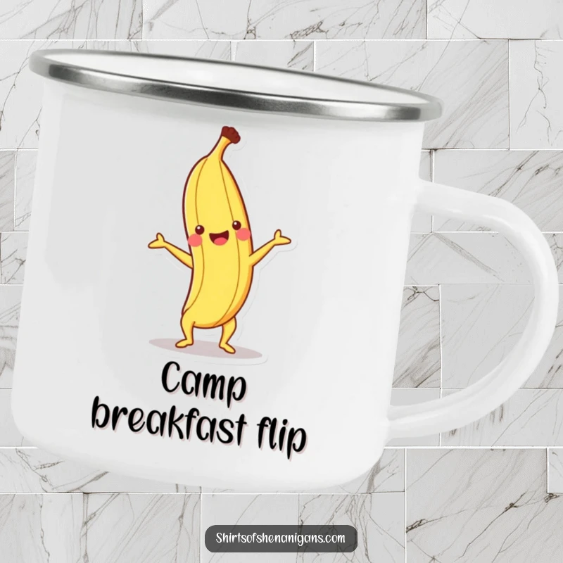 Funny, durable camping mug featuring a happy banana performing a handstand.
