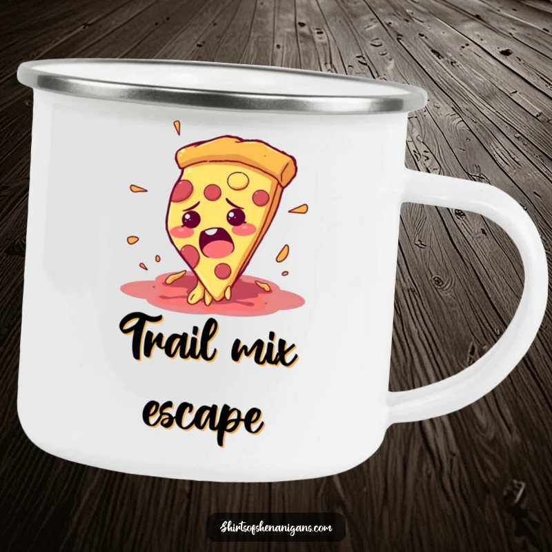 Funny camping mug with a bewildered pizza slice comically fleeing from a hungry mouth, outdoor novelty.