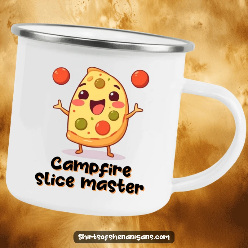 Funny Camping Mug: Happy pizza slice juggling meatballs, a durable and humorous outdoor cup.