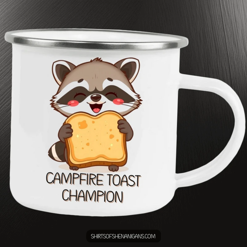 Funny Camping Mug: Delighted raccoon proudly holds burnt toast, ideal for outdoor meals humorously.