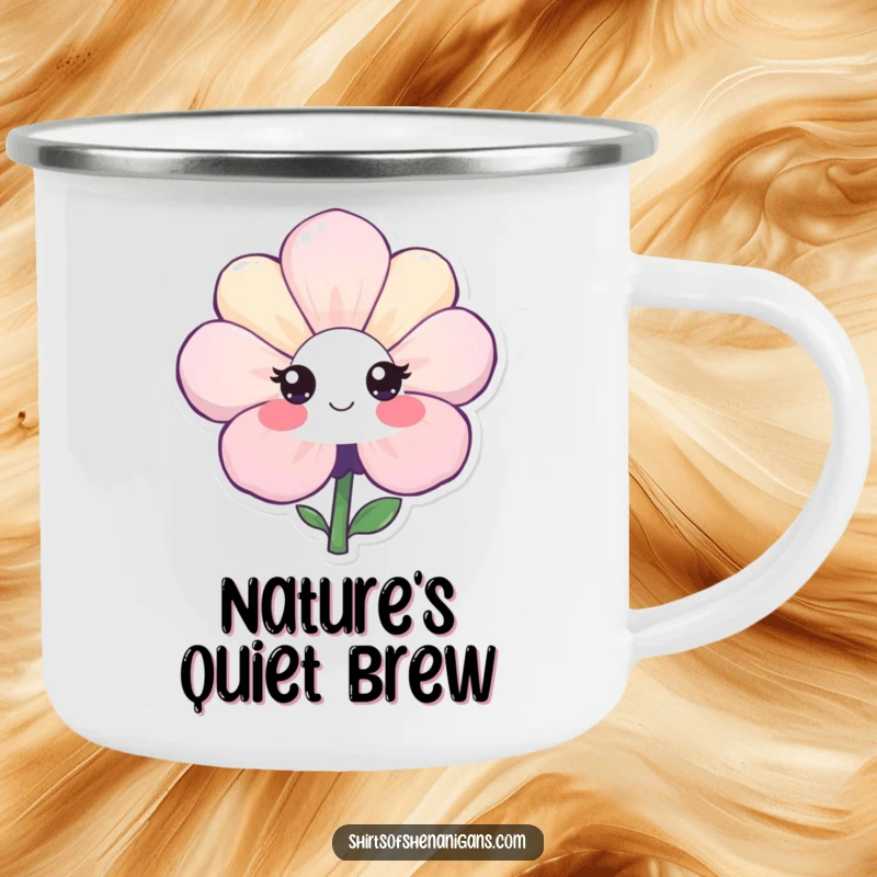 Funny camping mug with a shy flower smiling shyly, perfect for outdoor drinks with a touch of understated, sweet humor.