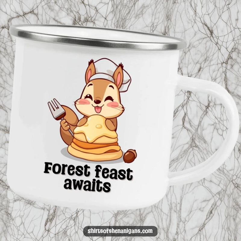 Funny squirrel chef camping mug showing a squirrel with a giant acorn pancake, ready for outdoor enjoyment.
