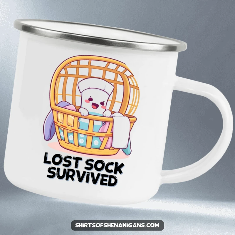 Funny, durable camping mug featuring a giggling sock making a comical escape from a laundry basket.