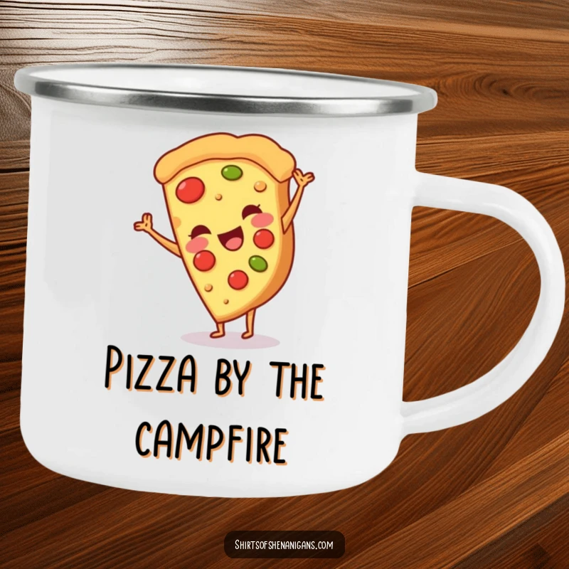 Funny camping mug with a smiling pizza slice doing a cartwheel, bringing pizza humor to the outdoors, a great funny gift.