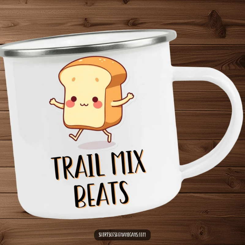 Funny dancing loaf of bread with tiny legs tapping its feet on a durable camping mug, perfect for outdoor cheer.