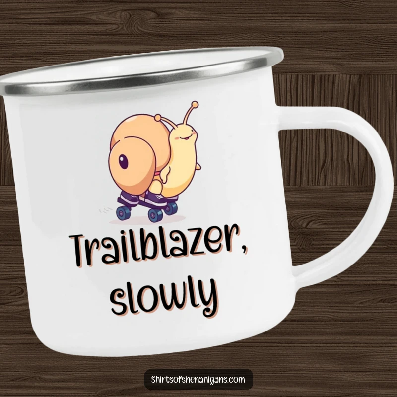 Funny snail character in roller skates, racing with determination, featured on a sturdy camping mug for outdoor humor.