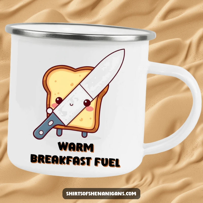 Funny shy toast camping mug, peeking from behind a large butter knife, for durable outdoor breakfast charm.