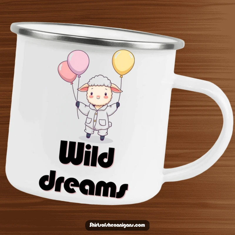 Funny camping mug showing a sheep in pajamas hilariously trying to herd floating balloons, designed for outdoor whimsy and laughs.