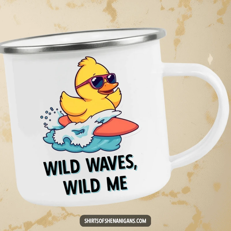 Funny camping mug with a rubber duck in sunglasses surfing a wave, perfect for outdoor beverage enjoyment.