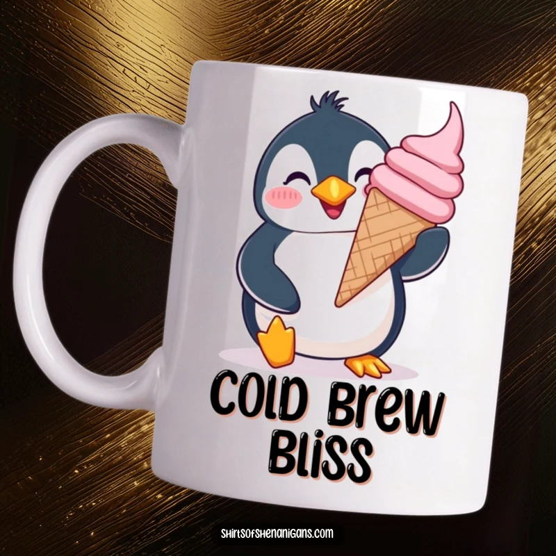 Funny giddy penguin mug, joyfully balancing a huge ice cream cone with a silly grin, celebrating sweet treats.