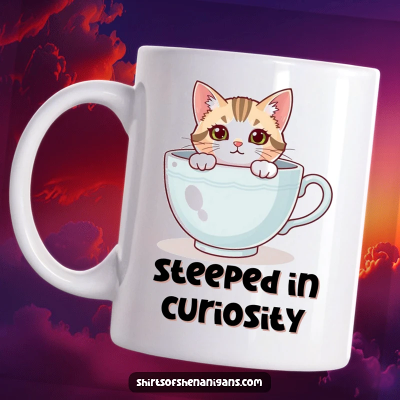 Funny cat mug showing a curious feline peeking out from a giant, cozy teacup, looking adorable. A great funny gift.