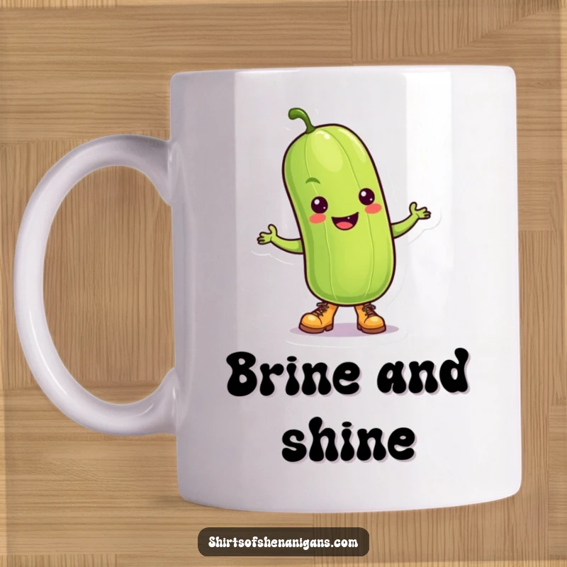 Funny Pickle Mug: A dill pickle wearing tiny boots, joyfully dancing with a big smile.