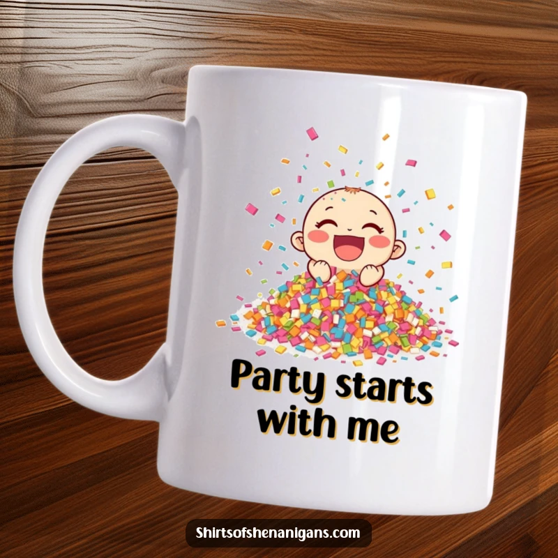Funny Giggling Confetti Mug showing a vibrant pile of confetti joyfully celebrating, perfect for parties and a funny gift.
