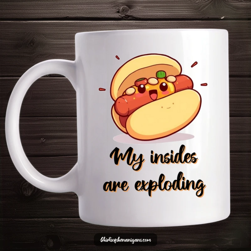 Funny mug featuring a shocked hot dog bun exploding with surprised mustard and ketchup, a truly comical culinary mishap.
